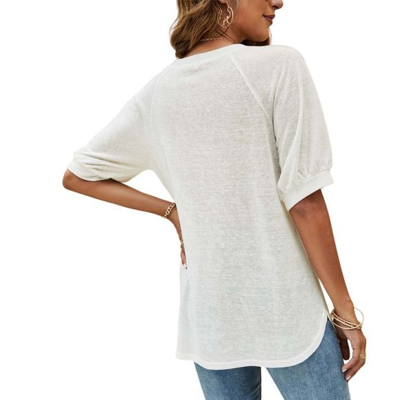 Enno White Button Accent Half-Sleeve Crewneck Tee Size L - Picture 2 of 4